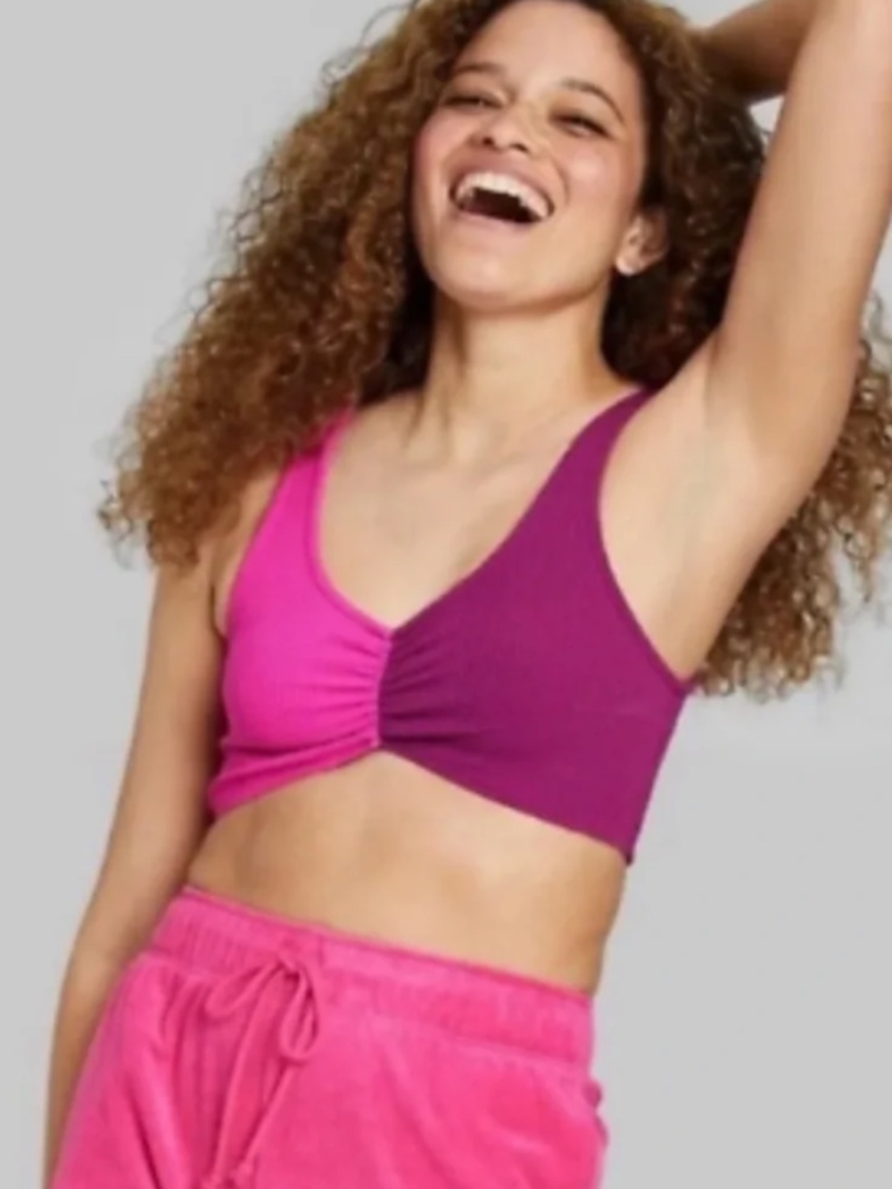 NWT Wild Fable Pink Purple Colorblock Ribbed Cinch Crop Top L